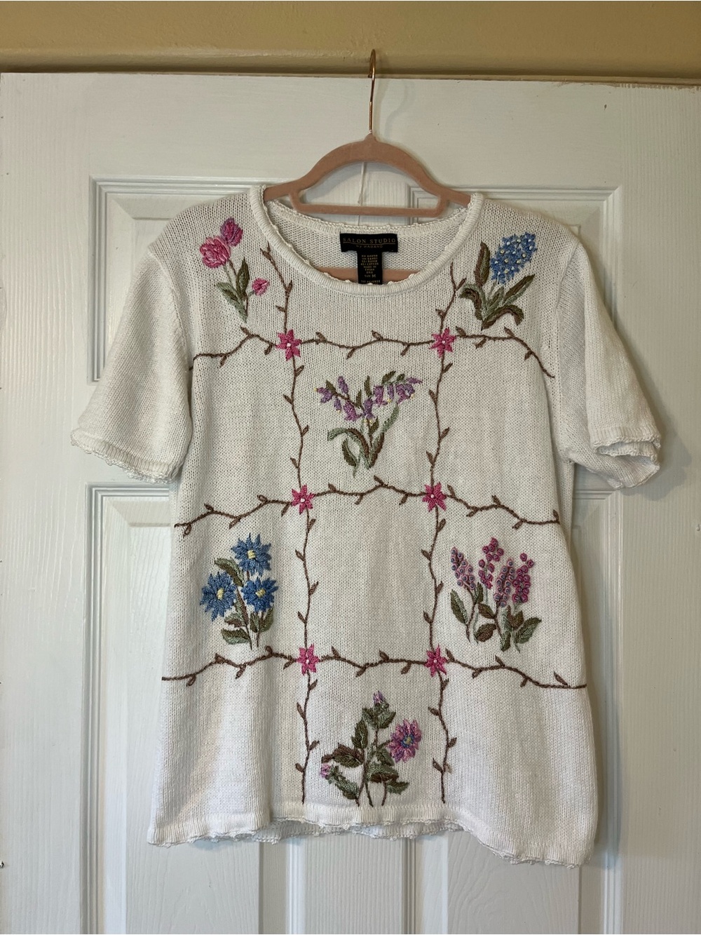Vintage Cottagecore Cotton Raime Cream Floral Embroidered Short-Sleeve Knit Top
